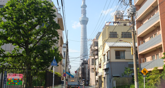 太平一丁目の町のあちこちから東京スカイツリーが間近に見えます。